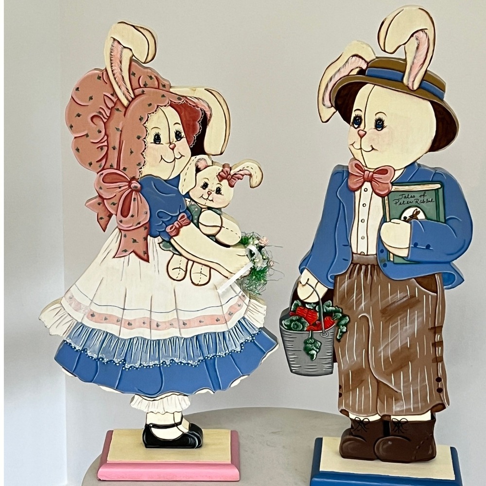 Vtg Hand Painted Wood Bunny Figurines Primitive Cottagecore Country Farmhouse‎
